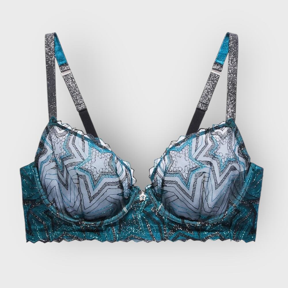 Savage X Fenty Shining Star Embroidered Unlined Demi Bra | 32D | Blue Festival